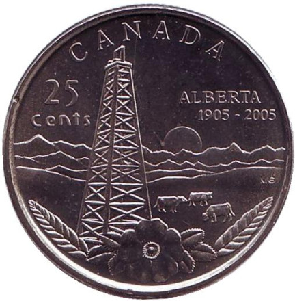 Монета 25 центов. 2005 год, Канада. 100 лет провинции Альберта.