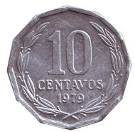 Монета 10 сентаво. 1979 год, Чили. Из обращения. Монета 10 сентаво. 1979 год, Чили. Из обращения.