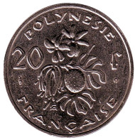 Монета 20 франков. 2002 год, Французская Полинезия. Плод хлебного дерева, стручки ванили. Монета 20 франков. 2002 год, Французская Полинезия. Плод хлебного дерева, стручки ванили.