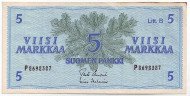 Банкнота 5 марок, 1963 год, Финляндия. P-106Aa(18). Банкнота 5 марок, 1963 год, Финляндия. P-106Aa(18).