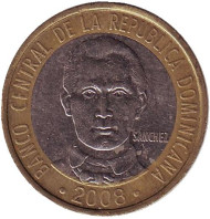 Монета 5 песо. 2008 год, Доминиканская Республика. Франсиско дель Росарио. (Немагнитная). Монета 5 песо. 2008 год, Доминиканская Республика. Франсиско дель Росарио. (Немагнитная).