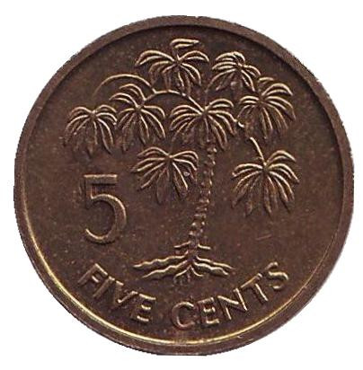 Монета 5 центов. 1995 год, Сейшельские острова. Маниоковая пальма.