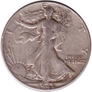 Монета 50 центов. 1942 год, США. Шагающая свобода. (Без отметки монетного двора). Монета 50 центов. 1942 год, США. Шагающая свобода. (Без отметки монетного двора).