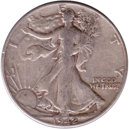 Монета 50 центов. 1942 год, США. Шагающая свобода. (Без отметки монетного двора).