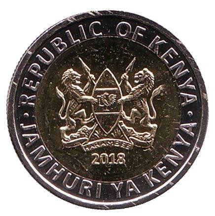 Монета 5 шиллингов. 2018 год, Кения. Носорог. Монета 5 шиллингов. 2018 год, Кения. Носорог.