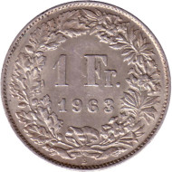 Монета 1 франк. 1963 год, Швейцария. Гельвеция. Монета 1 франк. 1963 год, Швейцария. Гельвеция.