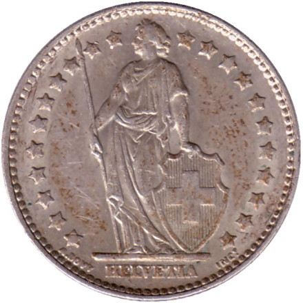 Монета 1 франк. 1963 год, Швейцария. Гельвеция. Монета 1 франк. 1963 год, Швейцария. Гельвеция.