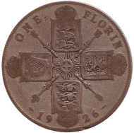 Монета 1 флорин (2 шиллинга). 1926 год, Великобритания. Монета 1 флорин (2 шиллинга). 1926 год, Великобритания.