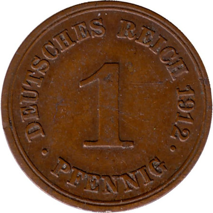 Монета 1 пфенниг. 1912 год (E), Германская империя.