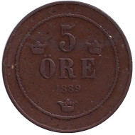 Монета 5 эре. 1889 год, Швеция. Монета 5 эре. 1889 год, Швеция.