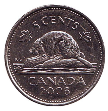 Монета 5 центов. 2006 год, Канада. (Магнитная. Отметка: "P") Бобр.