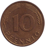 Монета 10 пфеннигов. 1987 год (D), ФРГ. Дубовые листья. Монета 10 пфеннигов. 1987 год (D), ФРГ. Дубовые листья.