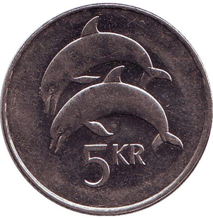 Монета 5 крон, 1996 год, Исландия. Дельфины.