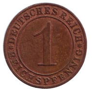 Монета 1 рейхспфенниг. 1924 год (J), Веймарская республика. Монета 1 рейхспфенниг. 1924 год (J), Веймарская республика.
