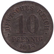 Монета 10 пфеннигов. 1918 год, Германская империя. (цинк) Монета 10 пфеннигов. 1918 год, Германская империя. (цинк)
