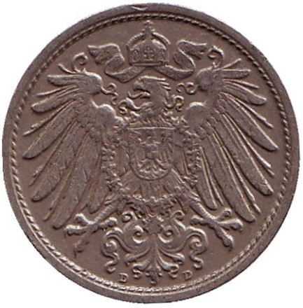 Монета 10 пфеннигов. 1912 год (D), Германская империя.