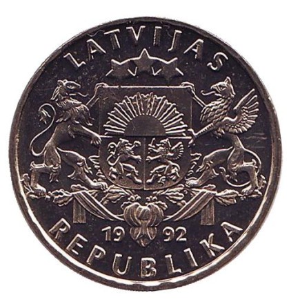 Монета 1 лат. 1992 год, Латвия. XF-aUNC. Рыба.