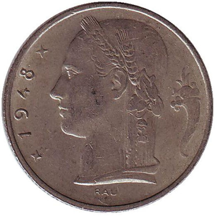 Монета 5 франков. 1948 год, Бельгия. (Belgique) Монета 5 франков. 1948 год, Бельгия. (Belgique)