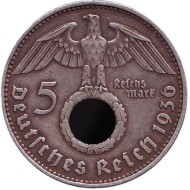 Монета 5 рейхсмарок. 1936 год, Германия (Третий Рейх). (J). Новый тип. Монета 5 рейхсмарок. 1936 год, Германия (Третий Рейх). (J). Новый тип.