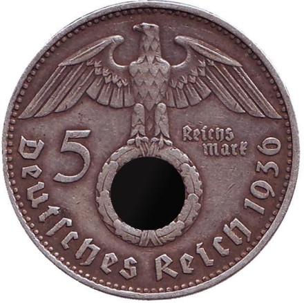 Монета 5 рейхсмарок. 1936 год, Германия (Третий Рейх). (J). Новый тип. Монета 5 рейхсмарок. 1936 год, Германия (Третий Рейх). (J). Новый тип.