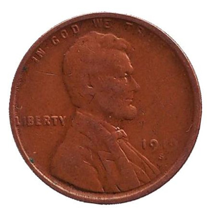 Монета 1 цент. 1919 год (S), США. Линкольн.
