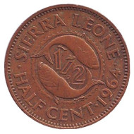 Монета 1/2 цента. 1964 год, Сьерра-Леоне. Рыбки. Монета 1/2 цента. 1964 год, Сьерра-Леоне. Рыбки.