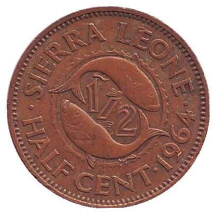 Монета 1/2 цента. 1964 год, Сьерра-Леоне. Рыбки.