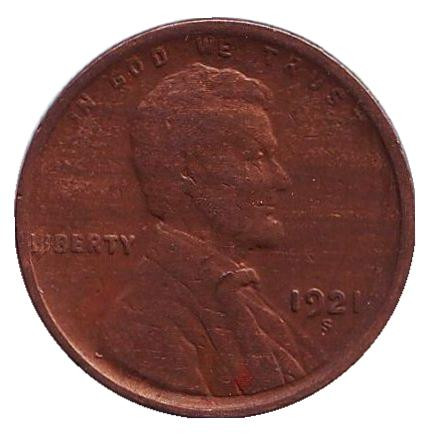 Монета 1 цент. 1921 год (S), США. Линкольн.