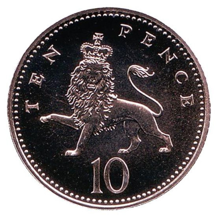 Монета 10 пенсов. 1999 год, Великобритания. BU. Лев.