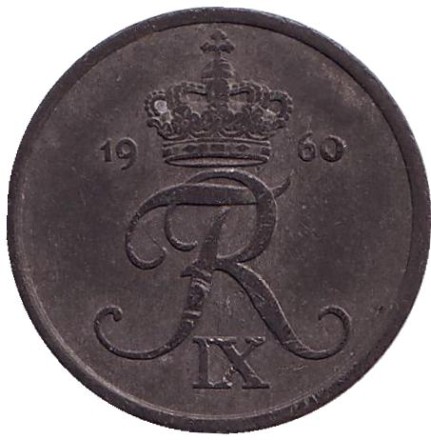 Монета 2 эре. 1960 год, Дания. (цинк).