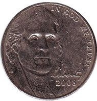 Монета 5 центов. 2008 год (D), США. Джефферсон. Монтичелло. Монета 5 центов. 2008 год (D), США. Джефферсон. Монтичелло.