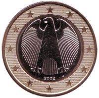 Монета 1 евро. 2002 год (J), Германия.
