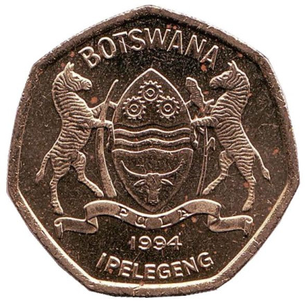 Монета 2 пулы. 1994 год, Ботсвана. Носорог. aUNC. Монета 2 пулы. 1994 год, Ботсвана. Носорог. aUNC.