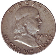Монета 50 центов. 1963 год (D), США. Франклин. Монета 50 центов. 1963 год (D), США. Франклин.