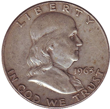 Монета 50 центов. 1963 год (D), США. Франклин.