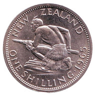 Монета 1 шиллинг. 1965 год, Новая Зеландия. UNC. Воин Маори. Монета 1 шиллинг. 1965 год, Новая Зеландия. UNC. Воин Маори.