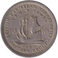 Монета 10 центов. 1955 год, Восточно-Карибские государства. Парусник.