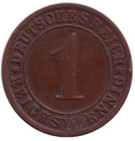 Монета 1 рейхспфенниг. 1930 год (F), Веймарская республика. Монета 1 рейхспфенниг. 1930 год (F), Веймарская республика.