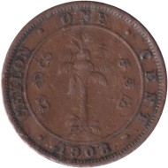 Монета 1 цент. 1908 год, Цейлон. Монета 1 цент. 1908 год, Цейлон.
