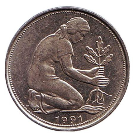Монета 50 пфеннигов. 1991 год (J), ФРГ. Женщина, сажающая дуб.
