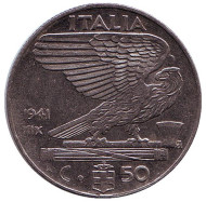 Монета 50 чентезимо. 1941 год, Италия. Монета 50 чентезимо. 1941 год, Италия.