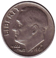 Монета 10 центов. 1968 (D) год, США. Рузвельт. Монета 10 центов. 1968 (D) год, США. Рузвельт.