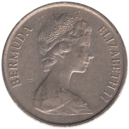 Монета 5 центов. 1977 год, Бермудские острова. Тропическая рыба (Ангел-королева).    Монета 5 центов. 1977 год, Бермудские острова. Тропическая рыба (Ангел-королева).