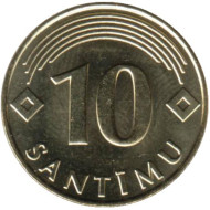 Монета 10 сантимов. 2008 год, Латвия.