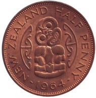 Монета 1/2 пенни. 1964 год, Новая Зеландия. Амулет-талисман Хей-Тики.