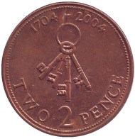Монета 2 пенса. 2004 год, Гибралтар. Захват Гибралтара в 1704 году. 4 ключа. Монета 2 пенса. 2004 год, Гибралтар. Захват Гибралтара в 1704 году. 4 ключа.