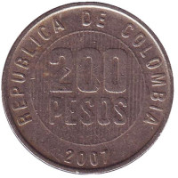 Монета 200 песо. 2007 год, Колумбия. 