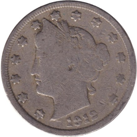 Монета 5 центов. 1912 год, США. (Без отметки монетного двора).