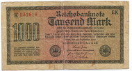 Рейхсбанкнота 1000 марок. 1922 год, Веймарская республика. Рейхсбанкнота 1000 марок. 1922 год, Веймарская республика.