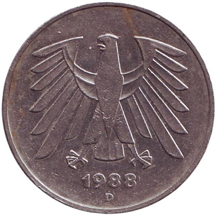 Монета 5 марок. 1988 год (D), ФРГ. Монета 5 марок. 1988 год (D), ФРГ.